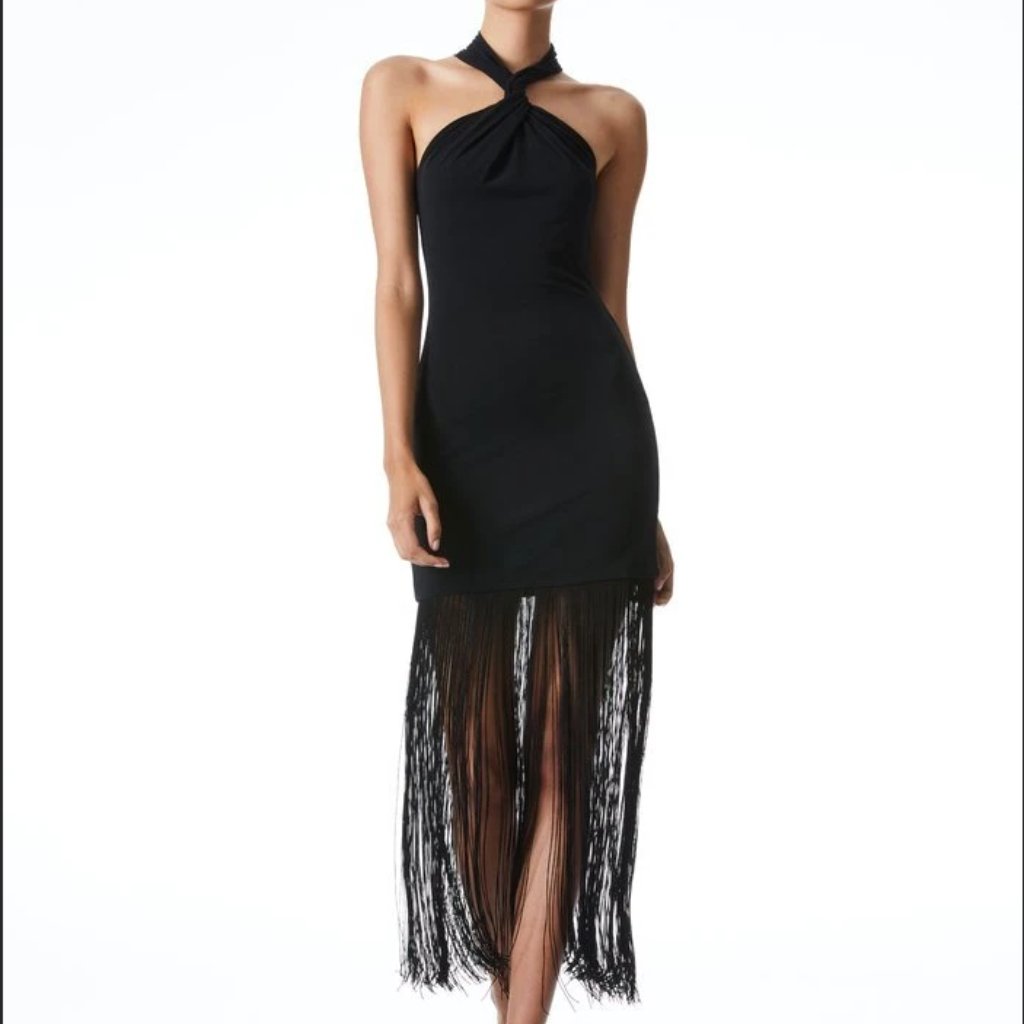 Alice + Olivia Black Fringe Long Dress Steph Halter Neck Fringe Dress